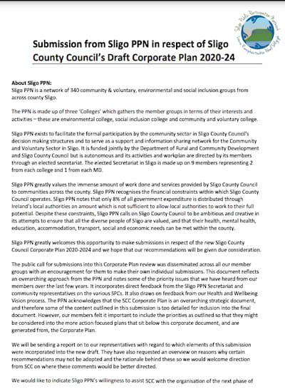 local submission to Sligo Corporate Plan
